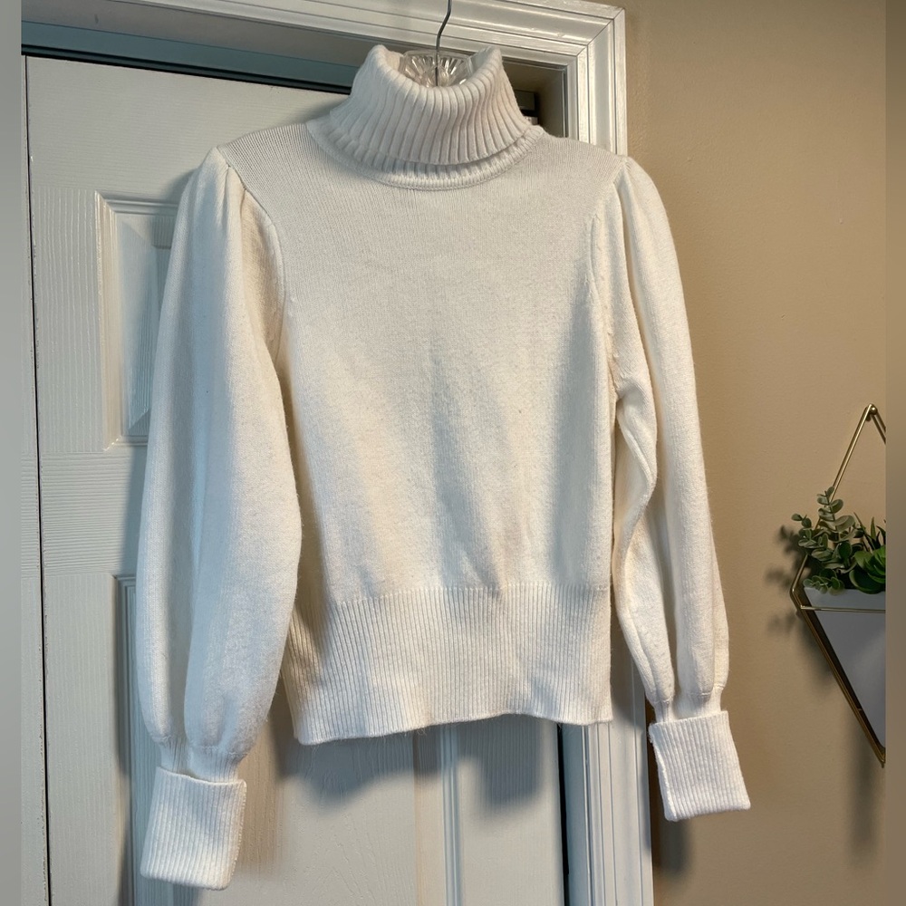 French Connection White Puff Sleeve Turtleneck Sweater | XS